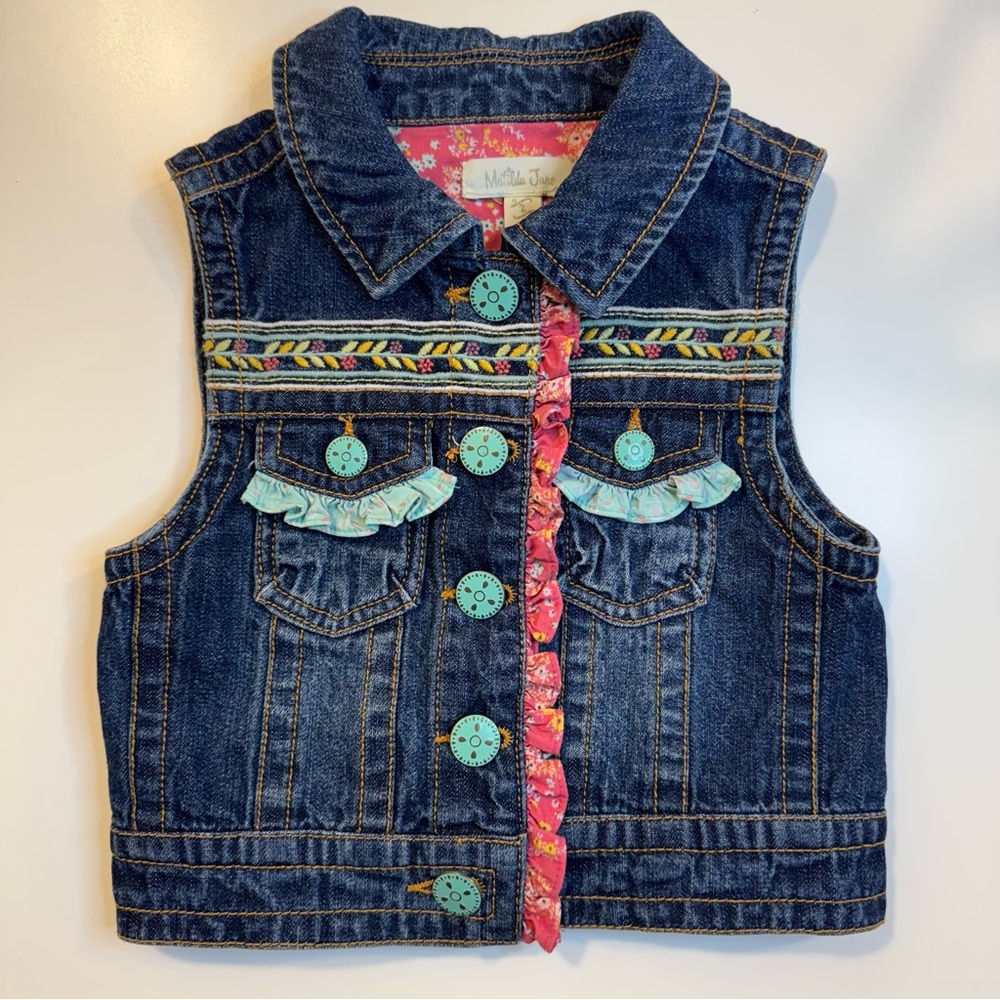 Matilda Jane Denim Vest 2T - Turquoise Buttons and Pink Ruffle Trim